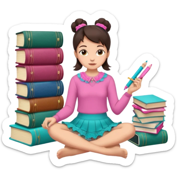 A brunette woman with straight, dark brown hair styled in two buns wears a pink long-sleeved shirt and a turquoise lace ruffled skirt. She is barefoot and holds a crayon in one hand. She sits cross-legged on the floor, which is covered with stacks of colorful notebooks. Art Deco style illustration. sticker