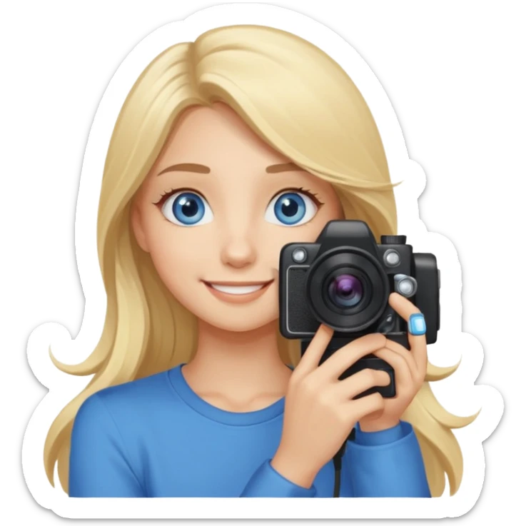  blue eyes blonde girl photographer cartoon taking picture in middle of taking picture camera in front of face long hair smiling funny flash professional, camera in front of face sticker