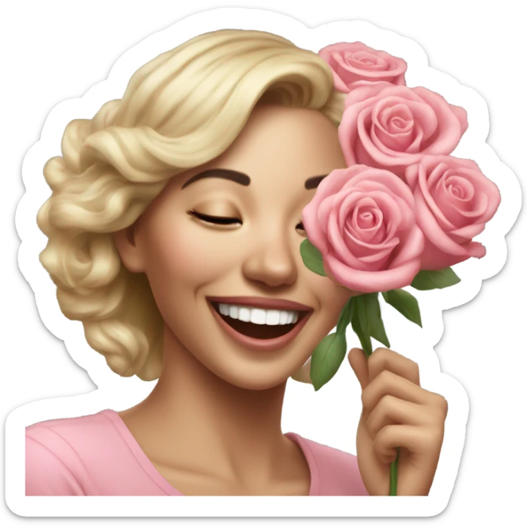 Hyper Realistic beautiful woman smells bouquet of roses laughing  sticker