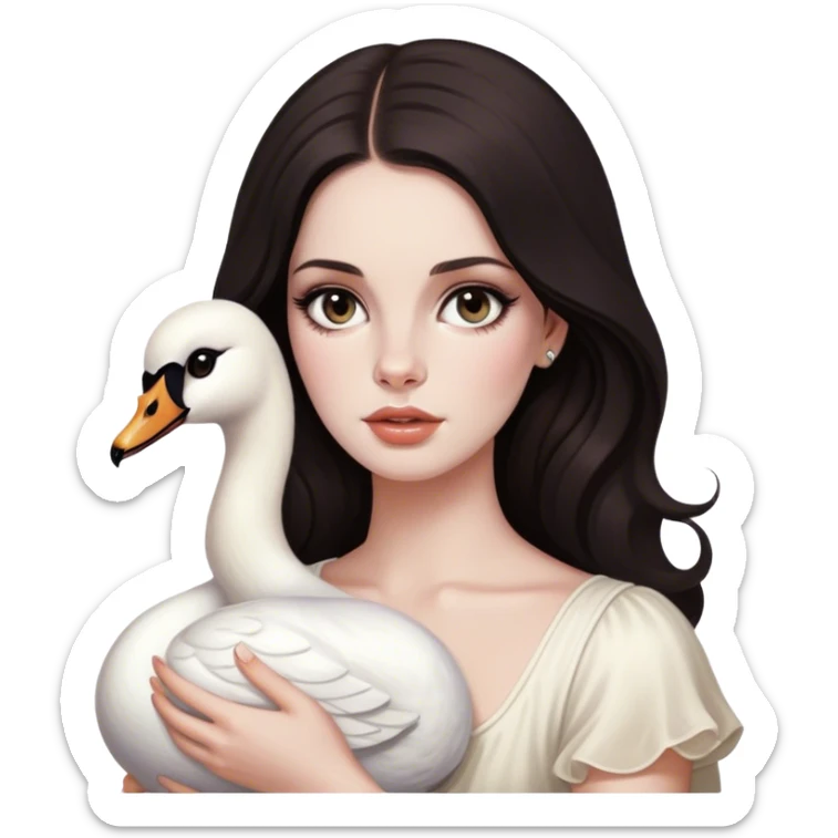 Girl who looks like Lana del Rey with dark hair, dark brown cat eyes, pale skin, with a Roman nose, holding a swan sticker
