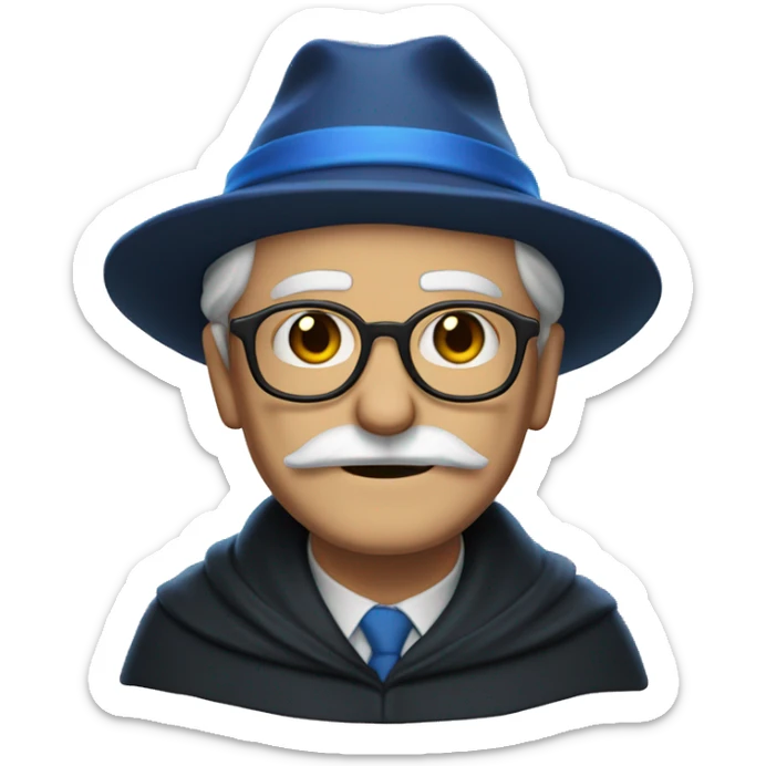 older man with white skin, black longer hair, mustache, glasses, with a magic hat, ravenclaw sticker