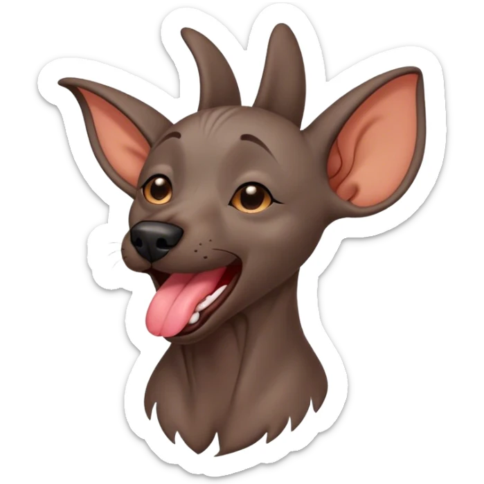 Cinematic Cute Yawning Xoloitzcuintle dog Portrait Emoji, Head tilted slightly with a dramatic, wide-open yawn, showcasing smooth, hairless ebony skin with gently relaxed wrinkles and floppy ears slightly drooping, round dark eyes barely open in drowsy contentment, Simplified yet irresistibly adorable features, highly detailed, glowing with a soft, cozy glow, high shine, relaxed yet expressive, stylized with a touch of whimsy, bright and endearing, soft glowing outline, capturing the essence of a sleepy yet affectionate guardian, so drowsy it feels like it could stretch out of the screen and curl up for a nap! sticker