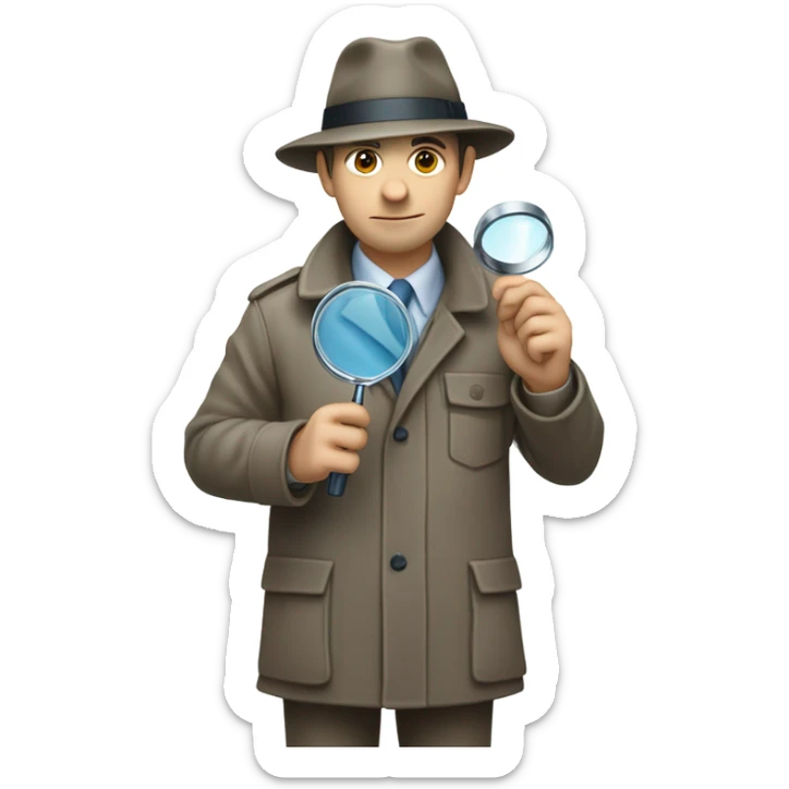 a man in a detective suit, in a raincoat, with a hat and a magnifying glass in his hands facing right. White skin sticker