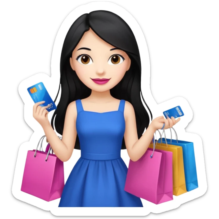 Girl with long black hair, pink lipstick, brown eyes holding shopping bags and blue credit card and wearing a dress  sticker
