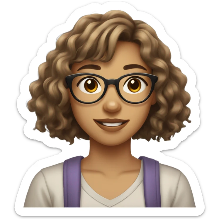 A 14-year-old girl with light brown glasses, nose piercings (ball on the left, ring on the right), wavy brown hair with bangs, light skin, normal features, and her Brazilian mixed-breed dog beside her. sticker