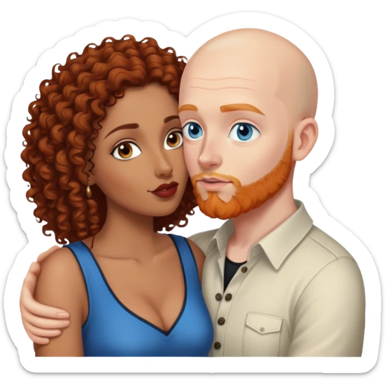Bald white male with ginger beard and blue eyes kissing indian brown woman with jet black curly hair sticker