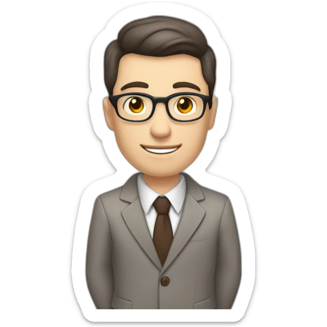 Pale skinned fit man with dark brown hair in gray jacket, beige office shirt, brown tie, brown pants and vintage glasses Writing text on a flipchart sticker