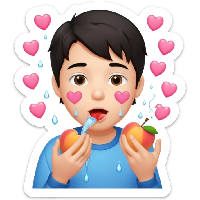 Cute boy, grown out dark hair, eating a peach, pink hearts floating , water dripping from mouth sticker