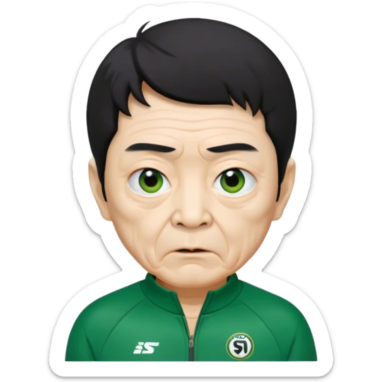 Seong Gi-hun : age 80, skinny and bony face, very small mouth, thick eyebrows deep eyes, unkempt black hair , Green player tracksuit. sticker