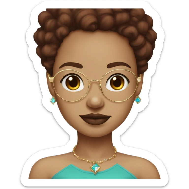 Light skin girl with burgundy, brown hair, a gold nose, diamond, stud, and turquoise glasses, clean girl aesthetic sticker