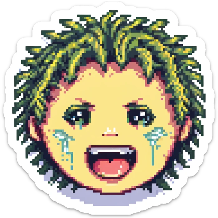 pixel art of a face with a manic grin and crying, tears and wild hair sticker
