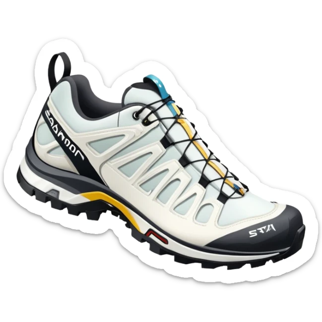Minimalist iOS-style emoji of white Salomon XT-6 Gore-Tex shoes positioned as a pair with one behind the other, simple clean lines but recognizable technical hiking shoe details sticker