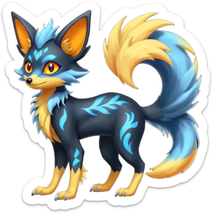 Lykoi-Fennekin-Electrike-Luxray-fusion-hybrid-animal-Fakémon-creature, full body, thin long sleek scaly tail, intricate markings sticker