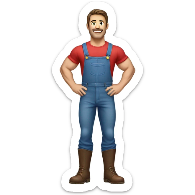 Muscular man with brown hair wear a red shirt and blue overalls sticker