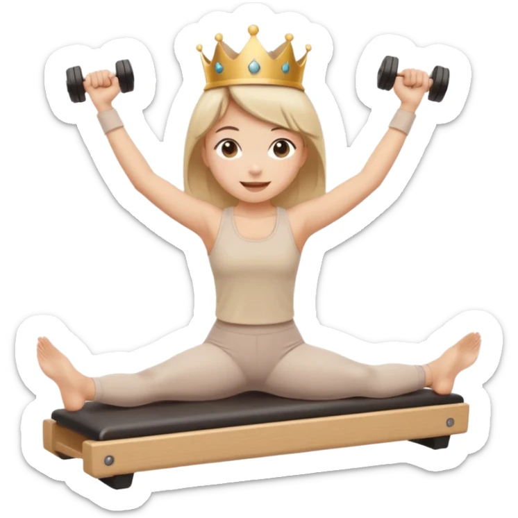 Sticker emoji of a girl doing Pilates arm exercises on a reformer, holding light dumbbells. Small crown, happy expression, beige outfit. Kawaii proportions, white outline, transparent background. sticker