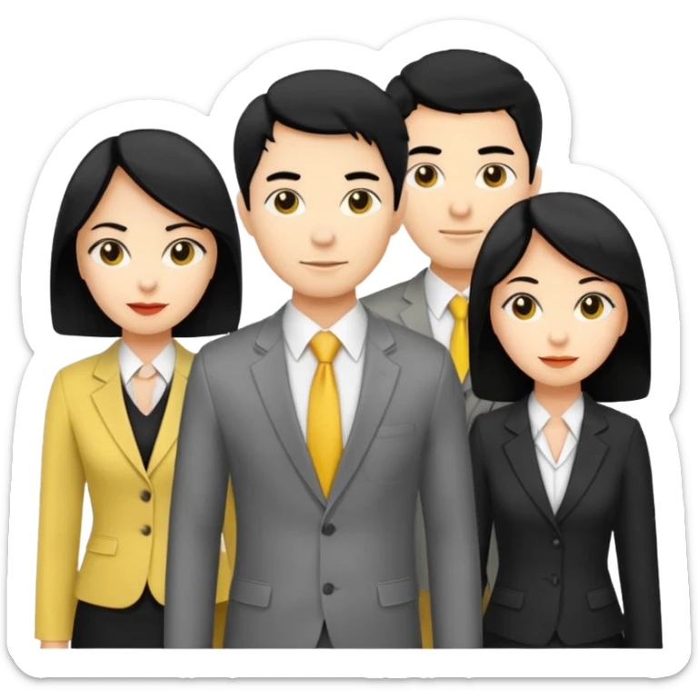 4 people, two man and two women,yellow skin office style,black hair, Half-body photo sticker