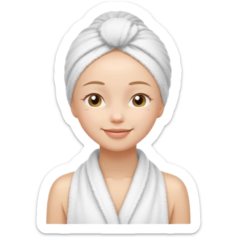 cute girl with her eyes closed and smiling, wearing a white spa towel as her clothes in she has a white spa towel on her head, no hair sticker