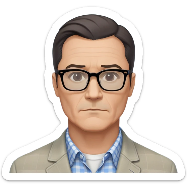 50-year-old man with very prominent and large square jawline that's wider than the rest of his face. Large dark square glasses, short straight hair combed to the side with some gray. Serious-relaxed expression. Light gray jacket, white shirt with blue checkered pattern. sticker