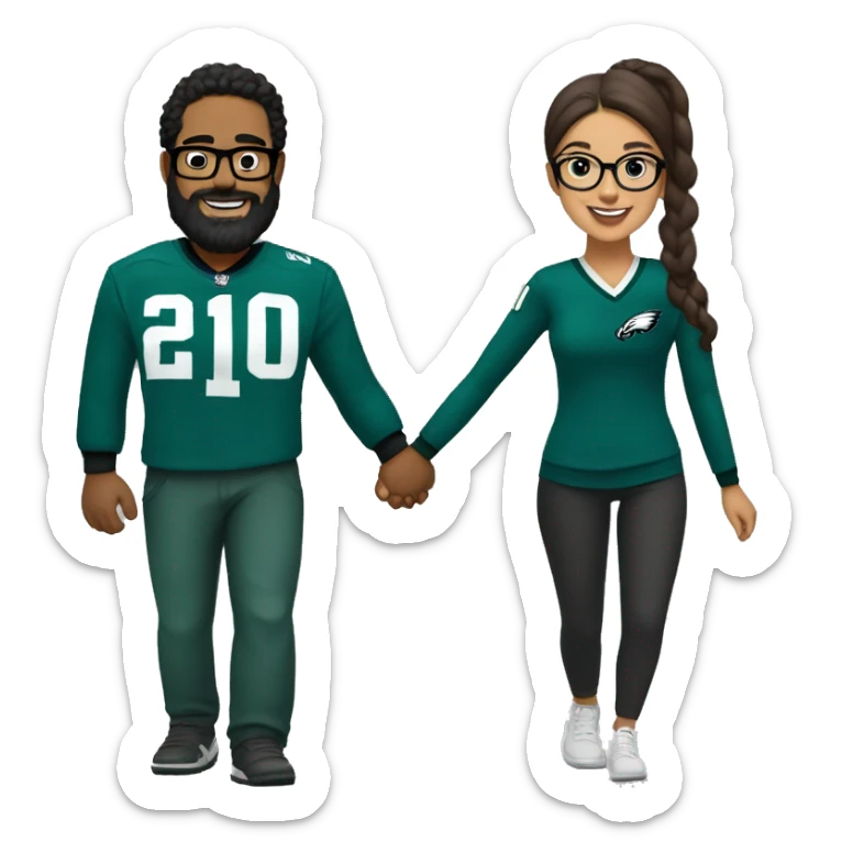 Brown guy with beard mustache and brown girl with glasses and her hair in a bun in Philadelphia eagles clothes holding hands sticker