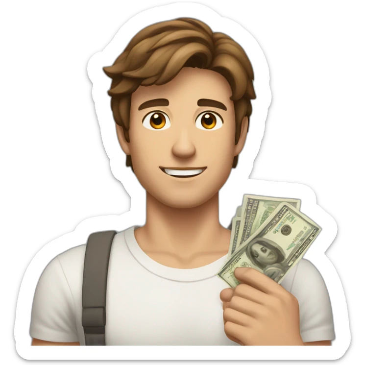 A young fit man with forward Brown hair and beige skin and with money in his hand sticker
