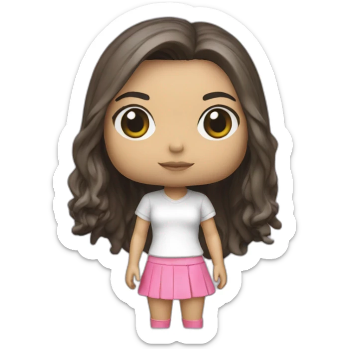 Japanese girl, 16, long hair, white T-shirt, pink miniskirt, funko pop sticker