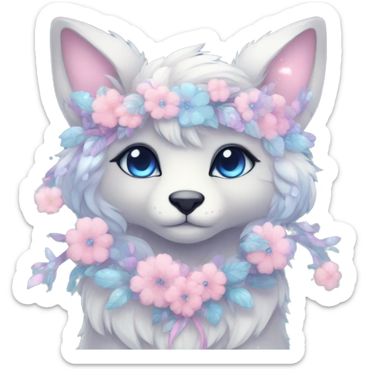 Anthro Cute Cool Pastel Kawaii gorgeous sparkly ethereal fantasy animal creature with blue eyes furry sona with flowers and ribbons beautiful aesthetic sticker