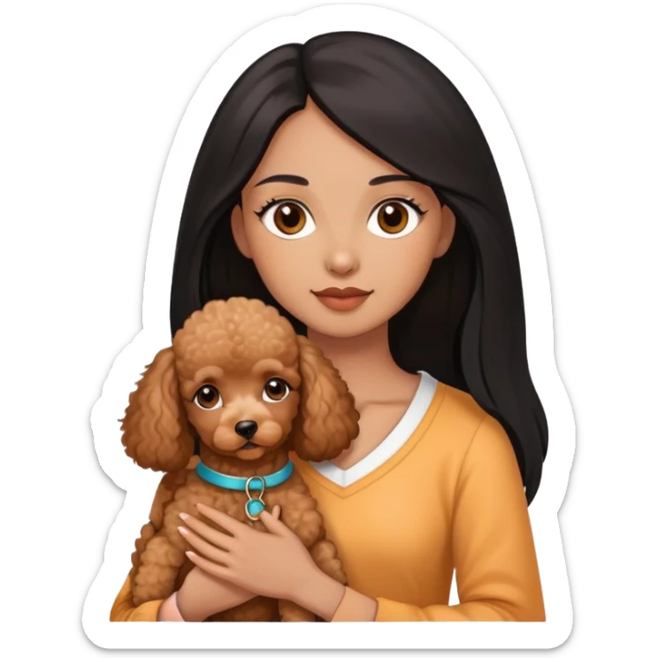 woman with  brown  skin,longblack straight hair and brown  eyes is holding a apricotpoodle puppy sticker