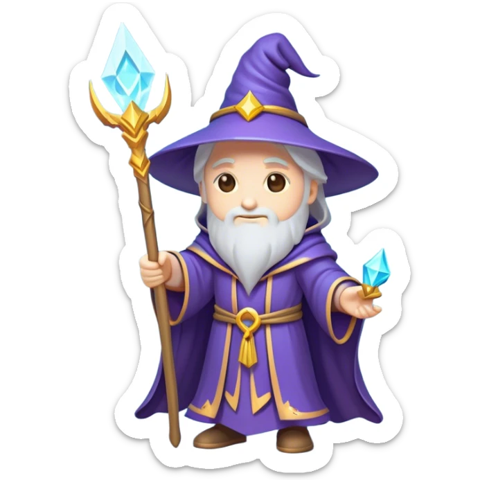 Clash of Clans aesthetic: Cinematic Playful Wizard Hero Emoji, rendered in a 3D vector-style similar to standard emojis with minimal shading and bold, simplified shapes. A compact, isometric figure draped in flowing enchanted robes and wielding a mystical staff, softly glowing with an arcane magical charm. Simplified yet unmistakably iconic, highly detailed and consistent, glowing with a soft radiant glow and high shine. Stylized with a touch of whimsical sorcery and a soft glowing outline, capturing the essence of a powerful wizard ready to cast spells with a friendly, playful spirit! sticker