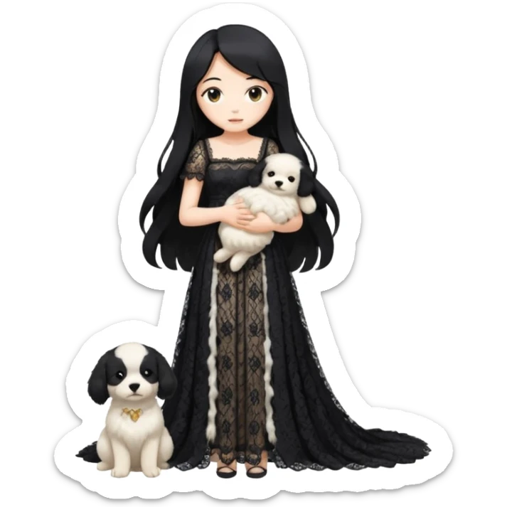 Pastel anime lady long hair with long lace dress full body holding puppy sticker