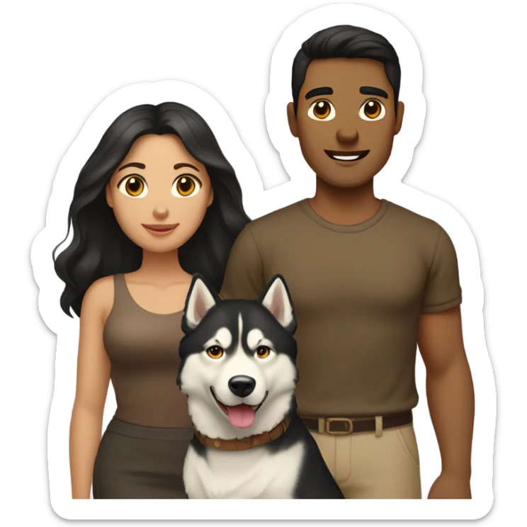 A couple man and woman Both have dark hair, with in the middle of them. A Husky. Golden beige sticker