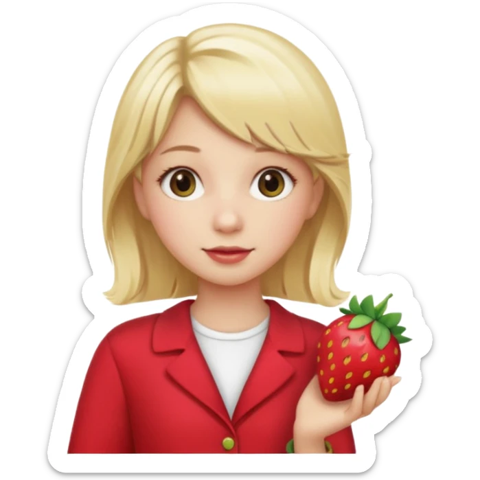 A girl with a blonde hair wearing a strawberry clip and wearing a cute red outfit sticker