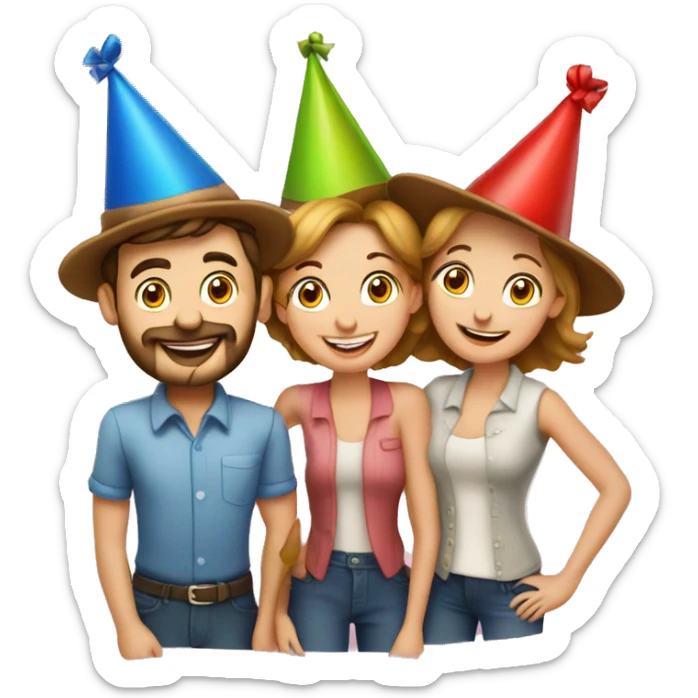 European company of 4 people (mom dad and 2 kids) celebrate birthday in birthday hats sticker