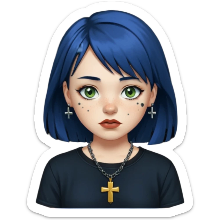 “Make an emoji of a girl with freckles on her cheeks, dark blue hair, greenish-brown eyes (more on the green side), black clothes, medium-sized lips, side curtain bangs, a punk cross necklace, and an Affliction shirt. sticker