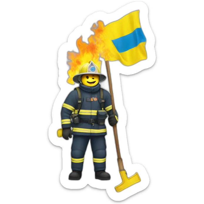 Ukrainian firefighter with the flag of Ukraine puts out the fire sticker