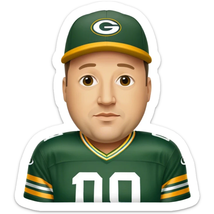 Kevin James as a Green Bay packers fan with a hat on wearing a #10 jersey sticker