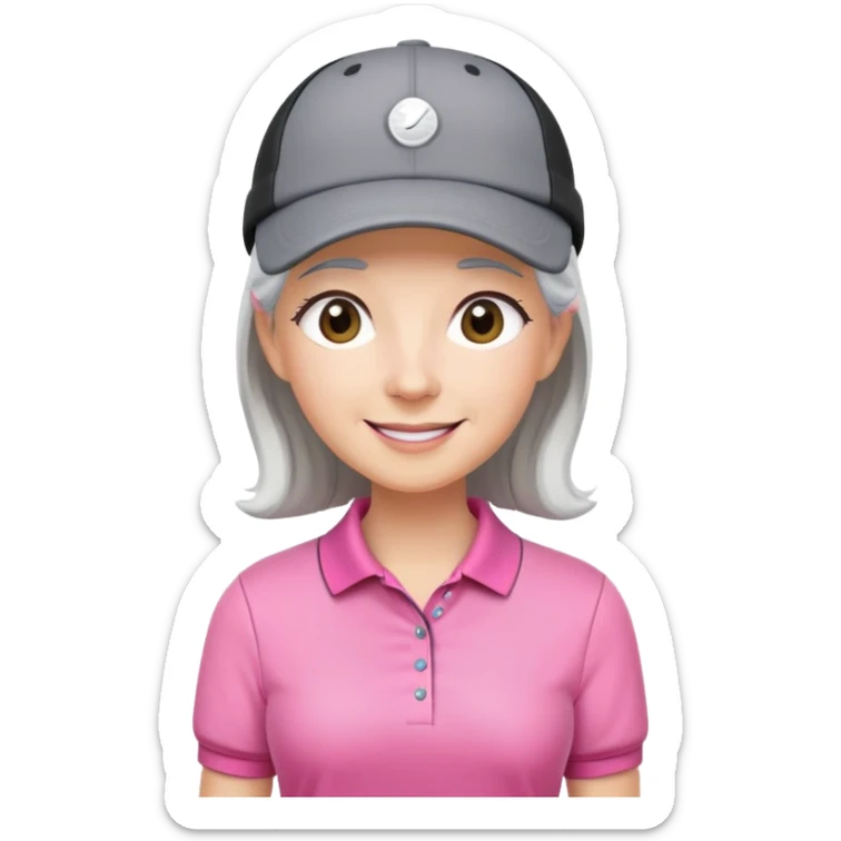 A happy female golfer with gray hair, pink polo shirt, a black skort, white cap sticker