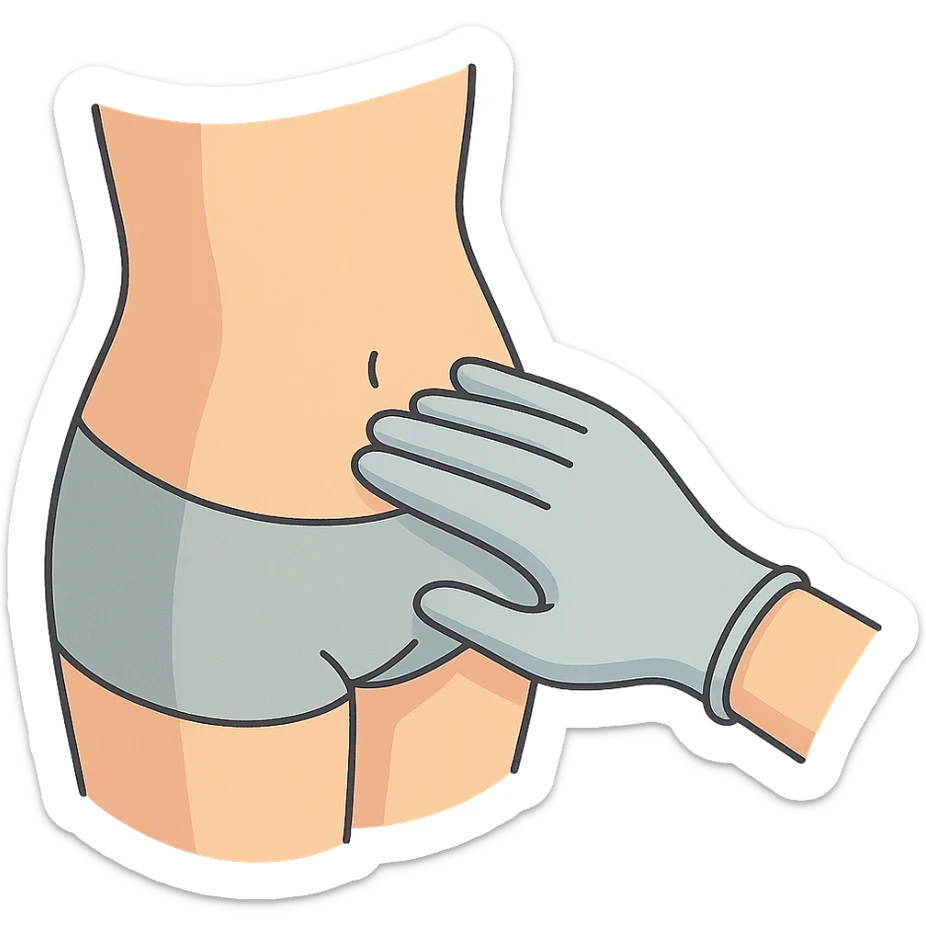close-up of human abdomen, a doctor's hand palpating, hand wearing light glove, hand coming from opposite side, fingers gently pressing, 2D isometric style, very detailed, soft rounded shapes, clean contours, pastel palette, refined shadows and highlights, modern illustration, transparent background sticker