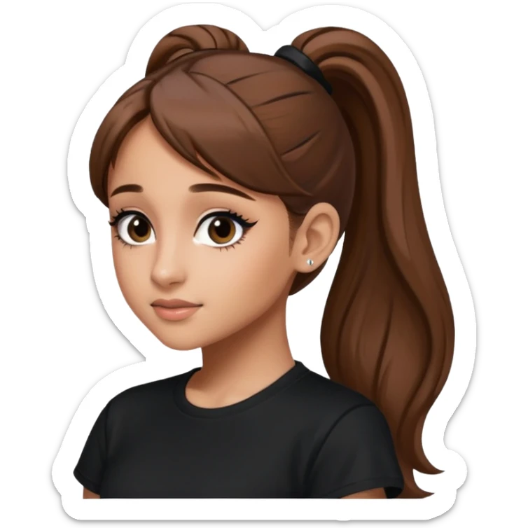 Ariana Grande high ponytaw with brown hair and with black thsirt and and eyeliner sticker