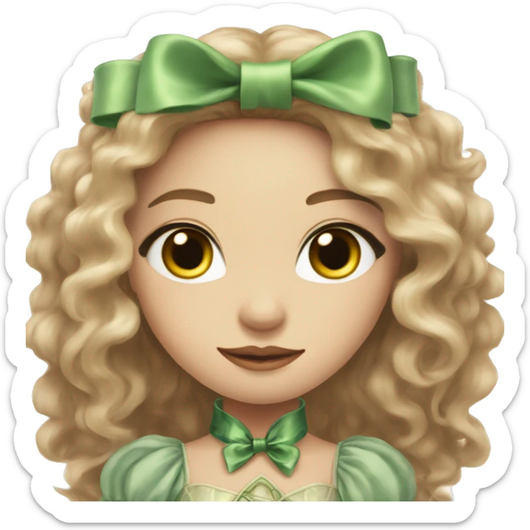 A woman with fair skin and green and eyes, light brown long wavy hair, dressed in a fantasy dress with fluffy sleeves, holding a bow for shooting sticker