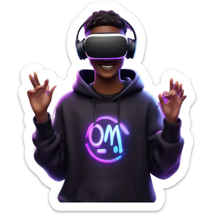 Happy student wearing a black hoodie with "OMG" letters on it and VR headset oculus quest 2 in a cyberpunk VR environment with violet neon lighting. sticker