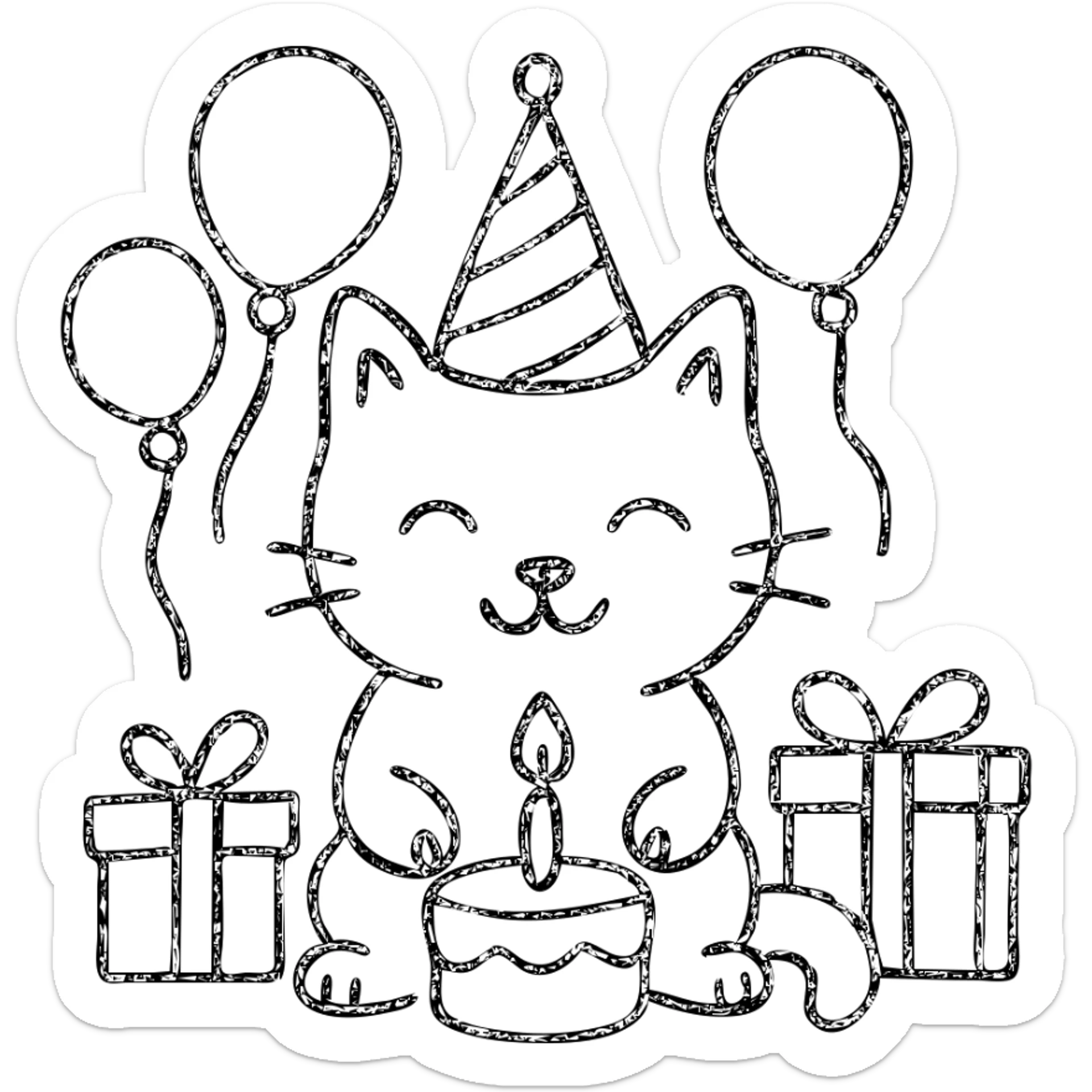 outlined icon of a kitten with a birthday hat, surrounded by balloons and presents, smiling, with a birthday cake sticker