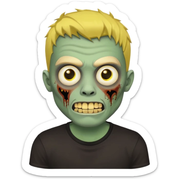 I want you to give me a zombie man and his skin its green who has golden teeth, yellow eyes, eyebrows and black hair, the hair I want to be a medium modcut cut and is wearing a brown affliction T-shirt and the style being like a memoji from iphone sticker