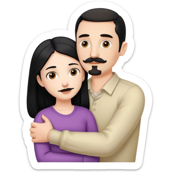 Couple, Tall pale man with brown mustache and goatee, hugging small pale woman long with black hair sticker