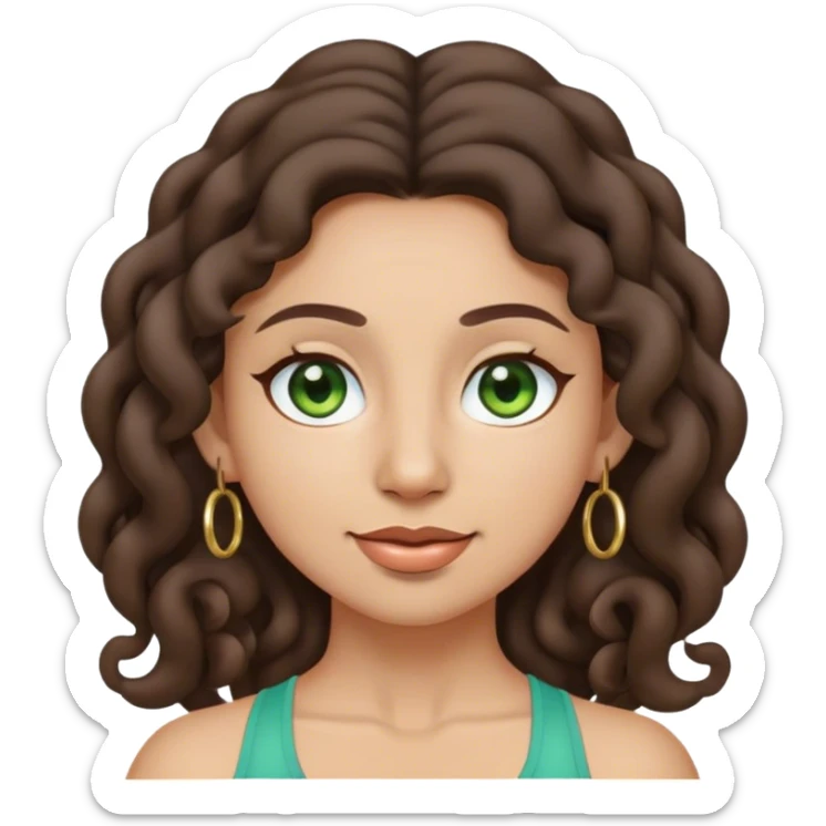 yoga emoji girl with long dark brown curly and greenish brown eyes and medium light skin color. she is also wearing small hoop earrings sticker