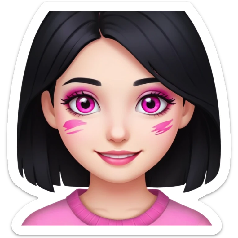 smiling girl with black hair and pink eye makeup smudged, no glitter sticker