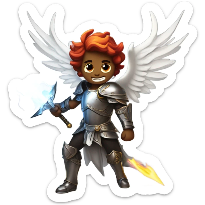 angel vs demon in a lively fight mid flight with swords and armor and lightning sticker