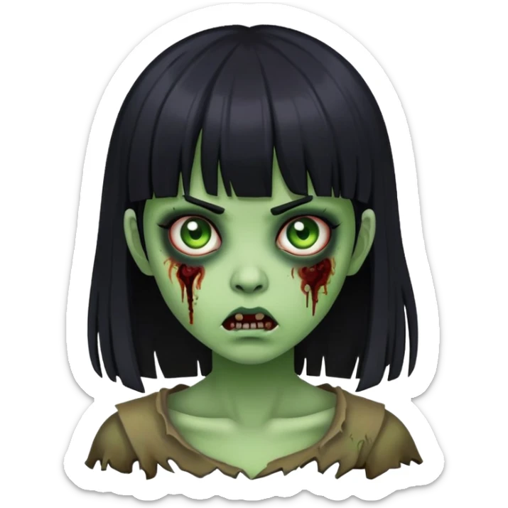 girl zombie with black hair and bangs with horror green skin sticker