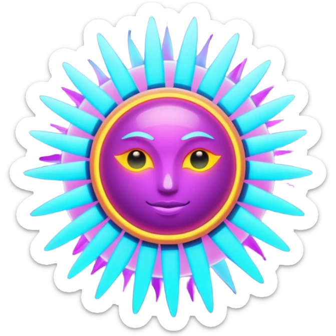 Futuristic glowing sun emoji, neon rays, bright holographic purple and cyan glow, dark background, digital tech style sticker
