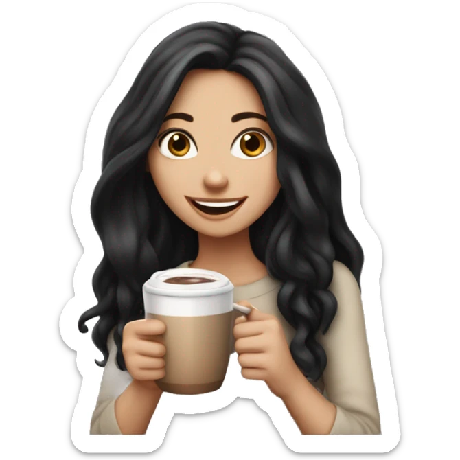 White girl with long black hair holding a cup of hot chocolate and smiling  sticker