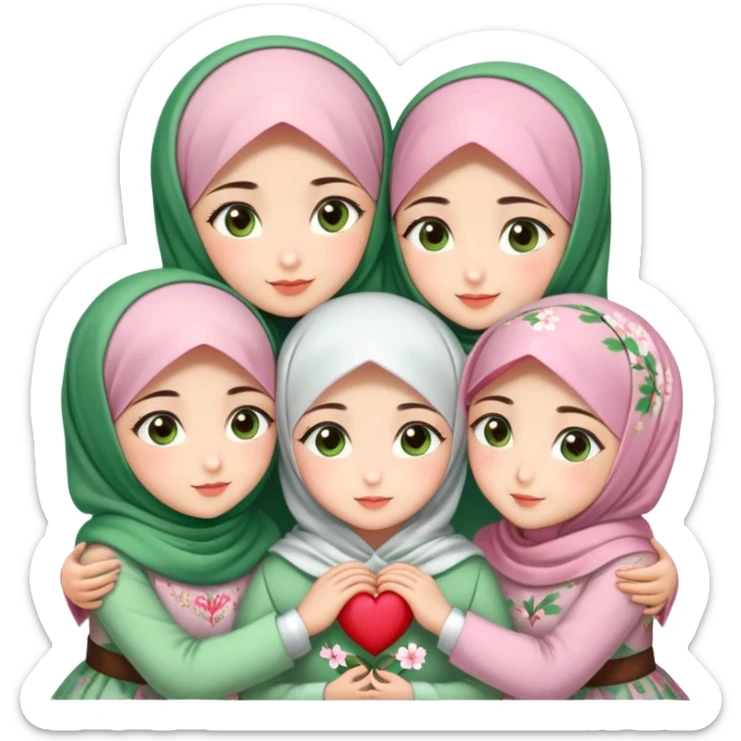Four sister hugs Turkish girls beautiful finish Konya brown and green eyes with cherry blossom hijab and heart dress and hugs  sticker